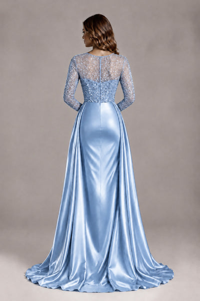 BOLODOO Light Blue Long Sleeve Embellished Satin Evening Gown with Sweep Train - Light Blue - Light Blue_2