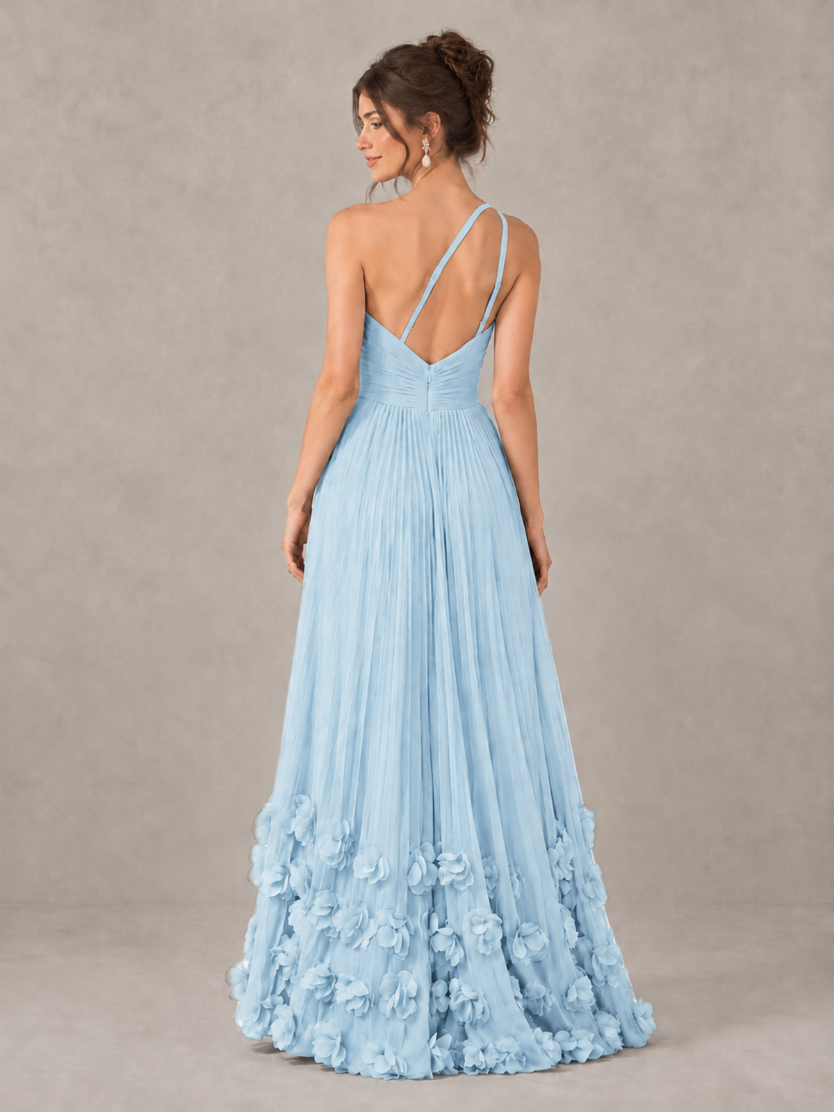 BOLODOO Light Blue One-Shoulder Pleated Bridesmaid Dress with 3D Floral Hem - Light Blue - Light Blue_2