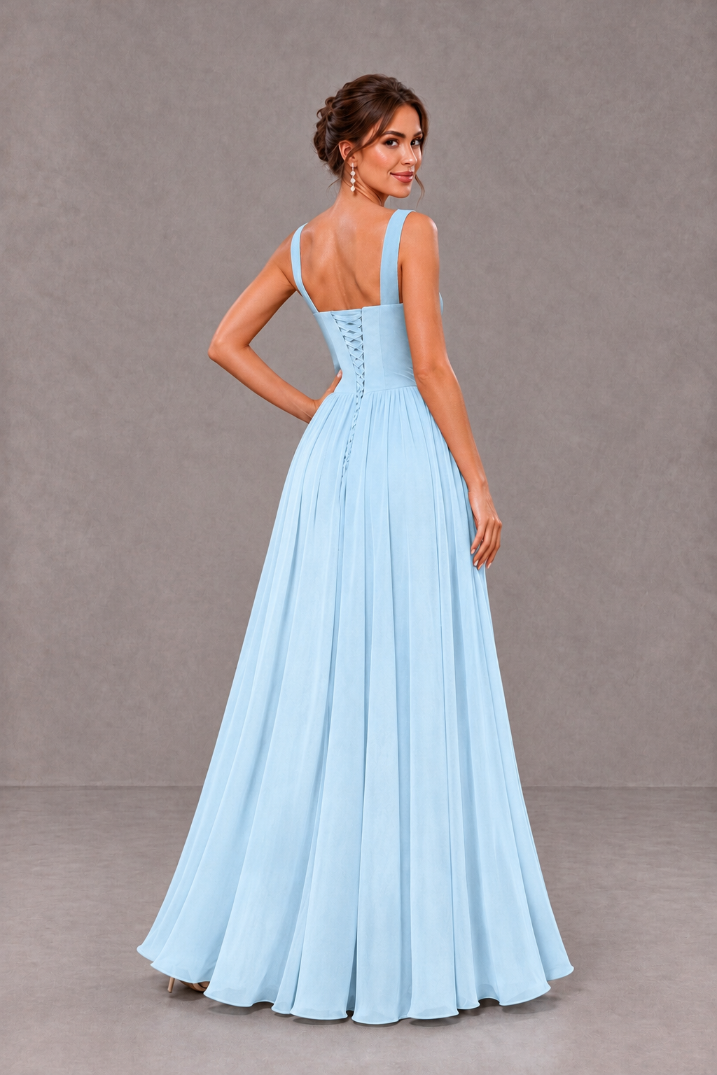BOLODOO Light Blue Square Neck A-Line Bridesmaid Dress with Slit - Light Blue - Light Blue_2