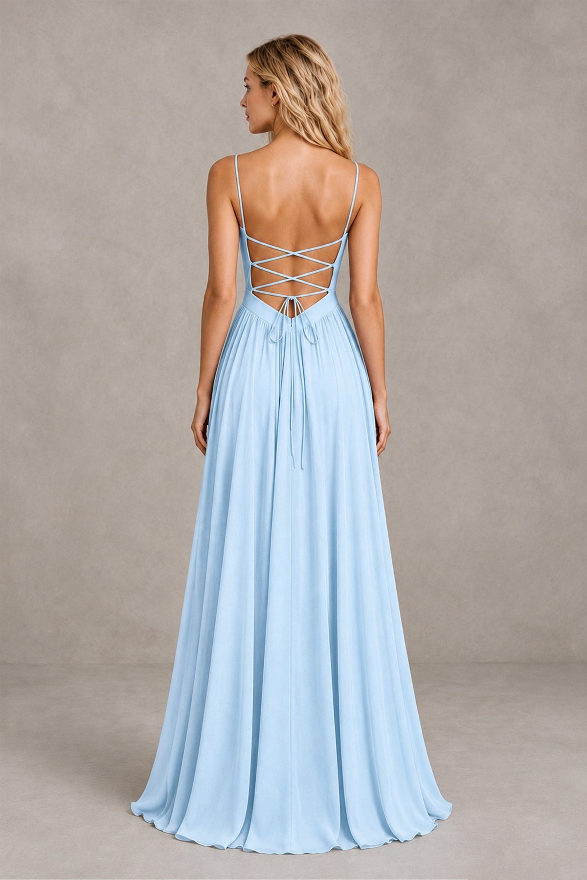 BOLODOO Light Blue Spaghetti Strap A-Line Bridesmaid Dress with Slit - Light Blue - Light Blue_2