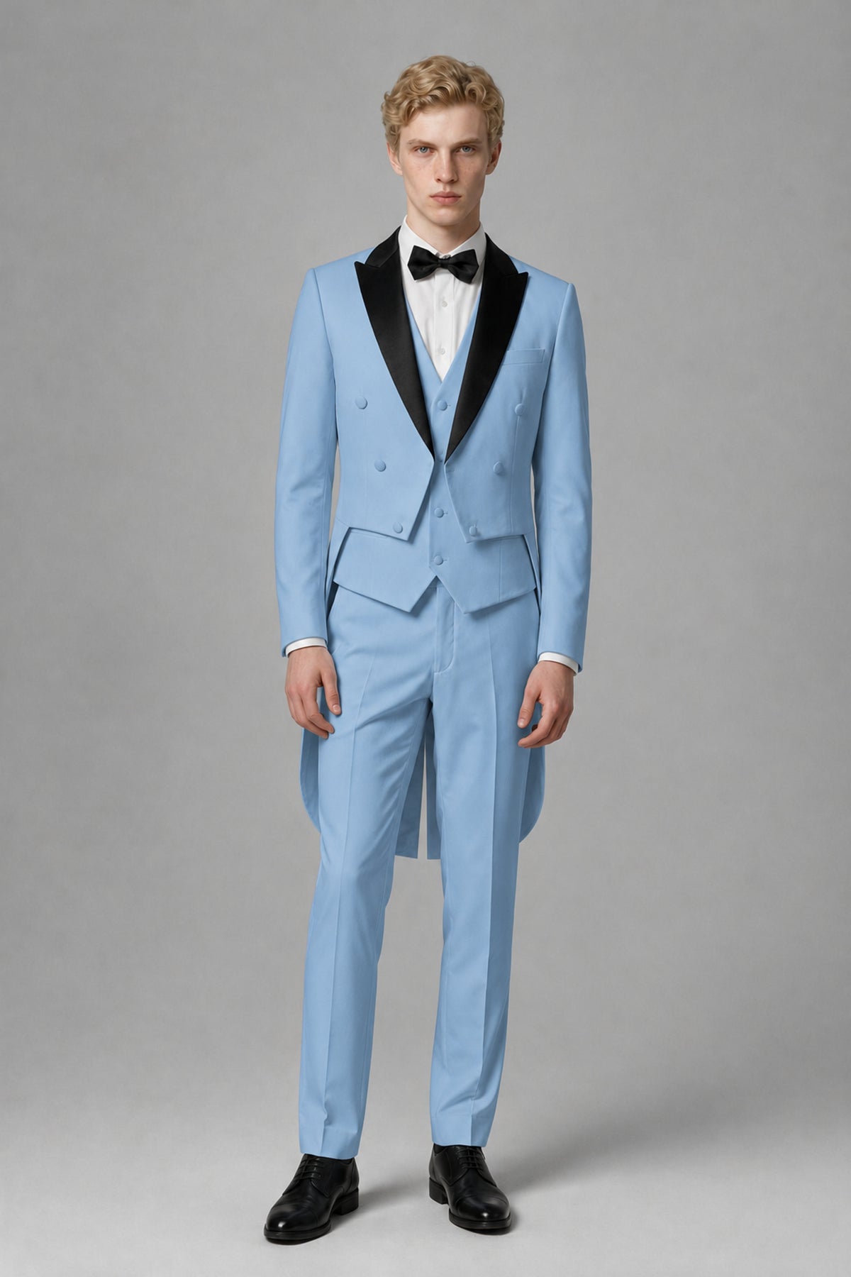 Bolodoo Men's Light Blue 3-Piece Tailcoat Tuxedo Suit with Vest & Trousers - Light Blue - Light Blue_2