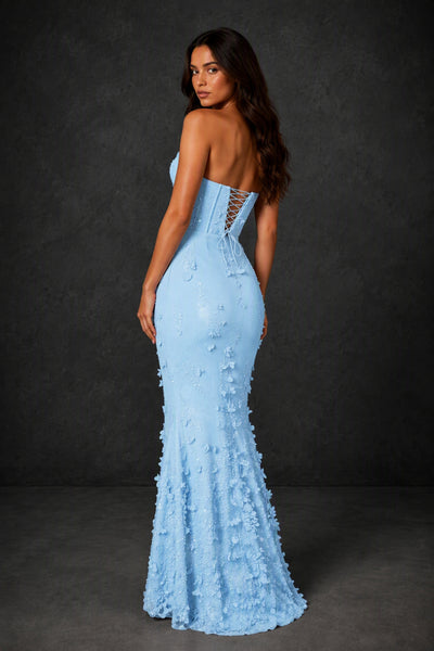 BOLODOO Light Blue 3D Floral Sequin Corset Strapless Mermaid Gown - Light Blue