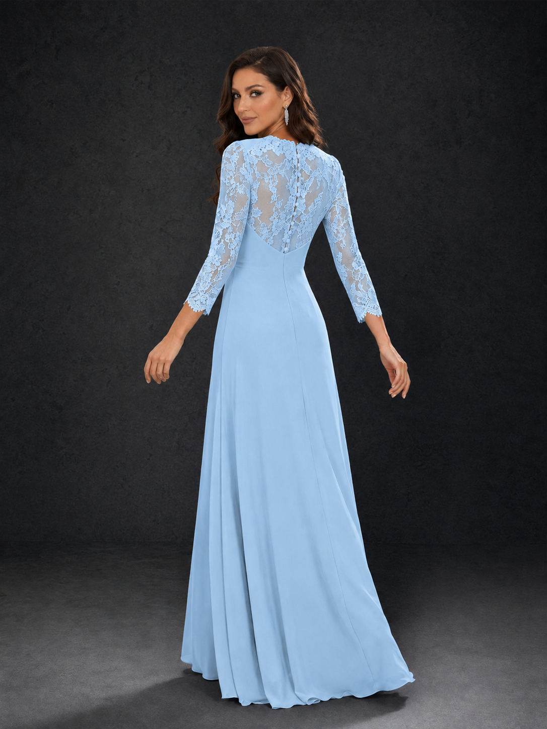 BOLODOO Light Blue Lace Sleeve V-Neck Floral Waist Chiffon A-Line Maxi Dress - Light Blue