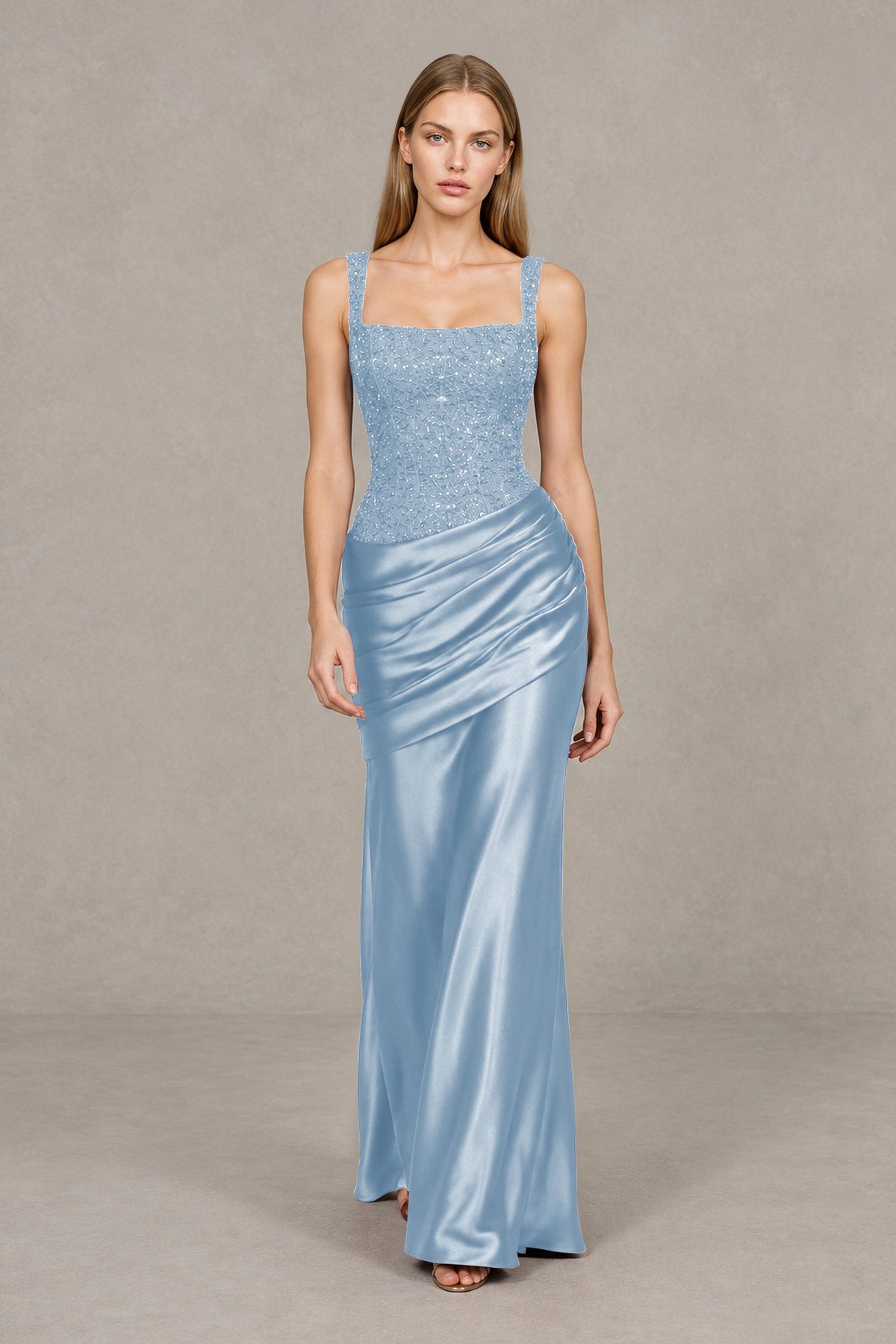 BOLODOO Light Blue Square Neck Embellished Satin Evening Gown - Light Blue