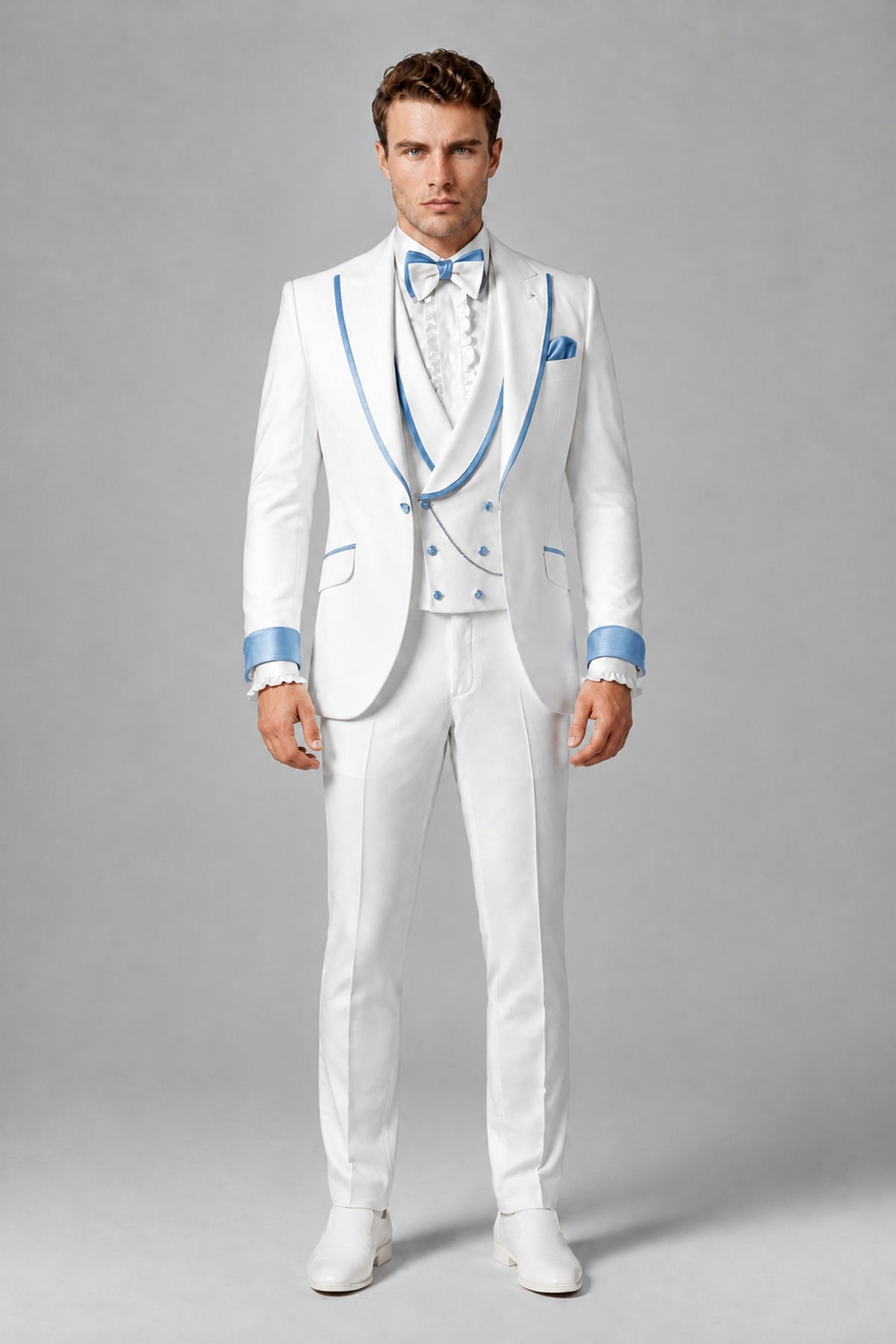 Bolodoo Men's White and Light Blue Three-Piece Wedding Tuxedo Suit - Light Blue - Light Blue_2