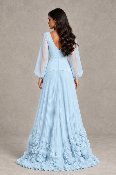BOLODOO Light Blue V-Neck Long Sleeve Pleated Floral Hem Evening Dress - Light Blue - Light Blue_2