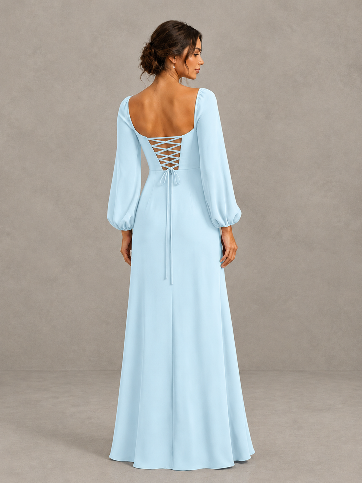 BOLODOO Light Blue Square Neck Long Sleeve Bridesmaid Dress with High Slit - Light Blue - Light Blue_2