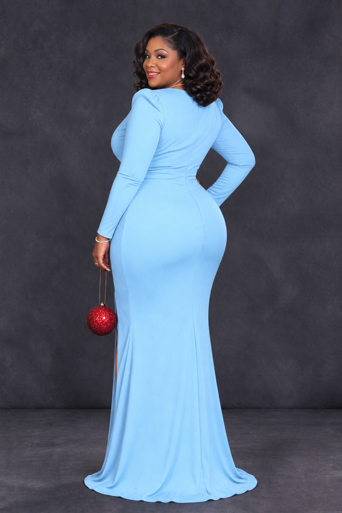 BOLODOO Light Blue Plus Size Long Sleeve V-Neck Mother of the Bride Dress with Slit - Light Blue - Light Blue_2