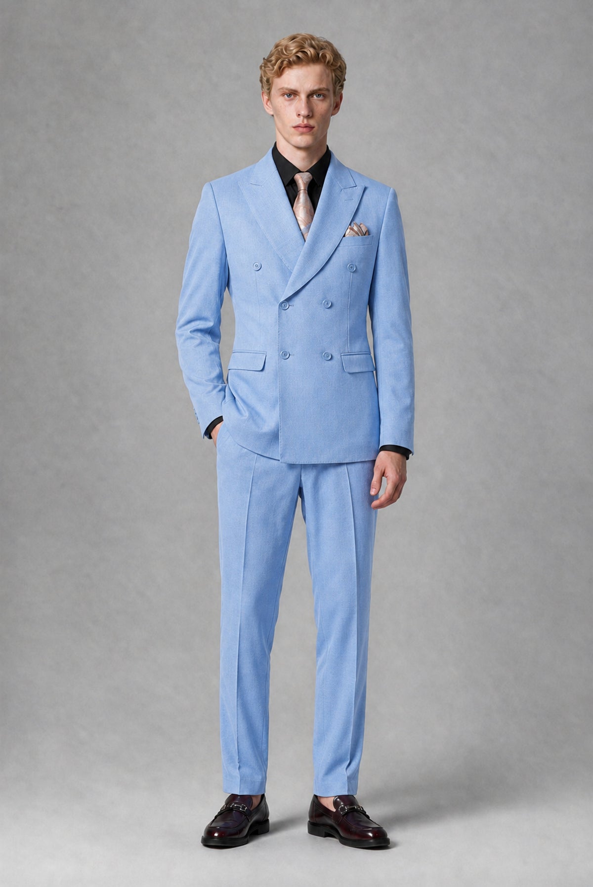 BOLODOO Men's Light Blue Double-Breasted Two-Piece Suit – Jacket & Trousers - Light Blue