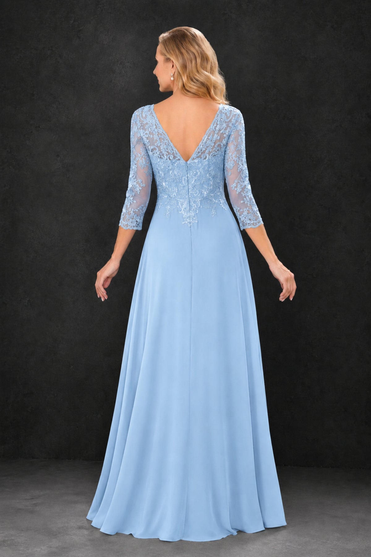 BOLODOO Light Blue Lace Embroidered Mother of the Bride Dress with 3/4 Sleeves - Light Blue