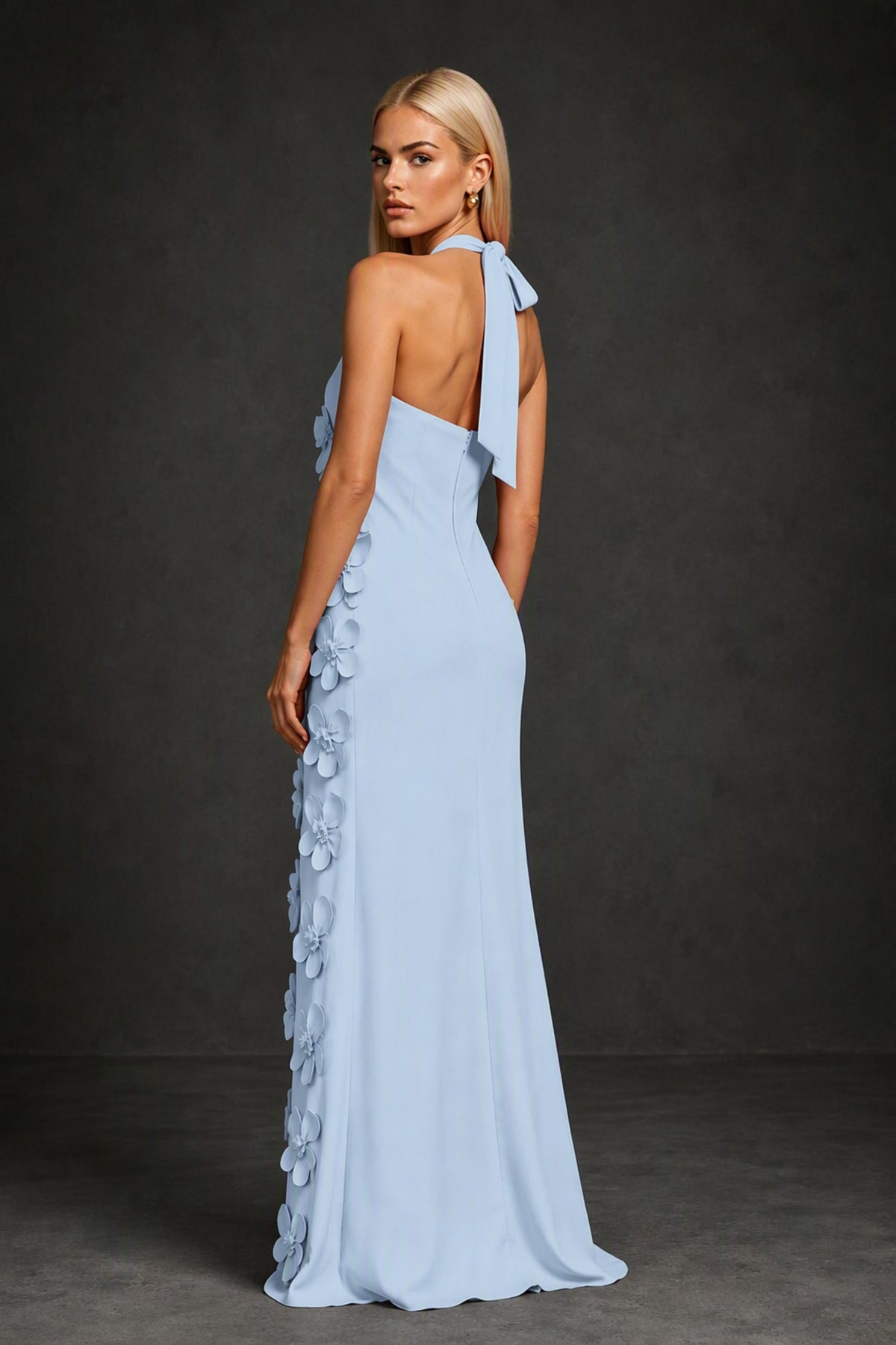 BOLODOO Light Blue Cross Halter Neck 3D Floral Appliqué Backless Mermaid Maxi Gown - Light Blue