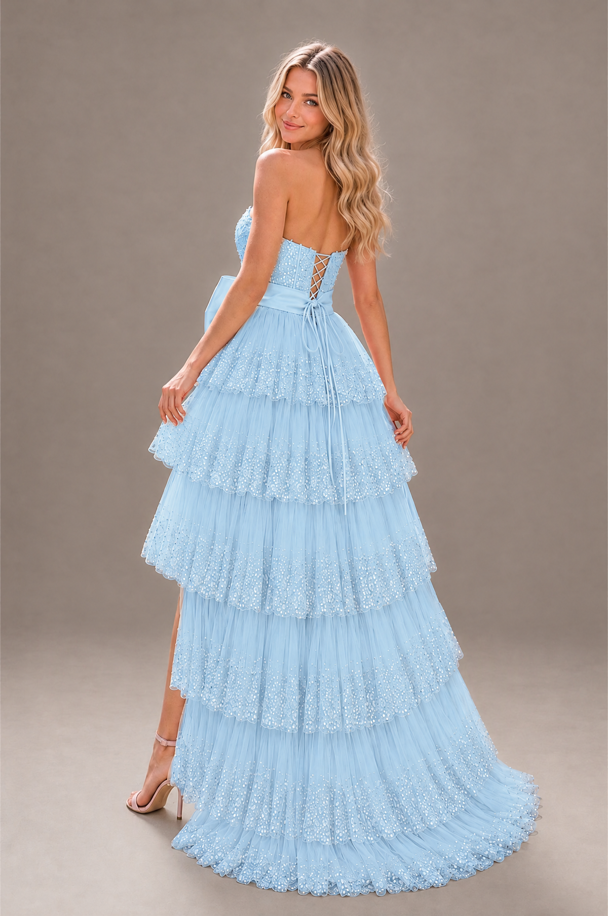 BOLODOO Light Blue Strapless Tiered Tulle Prom Dress with Bow - Light Blue - Light_Blue_2