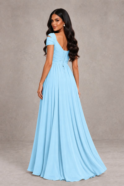 BOLODOO Light Blue Cold Shoulder Chiffon Evening Dress with V Neck and High Slit - Light Blue - Light Blue_2