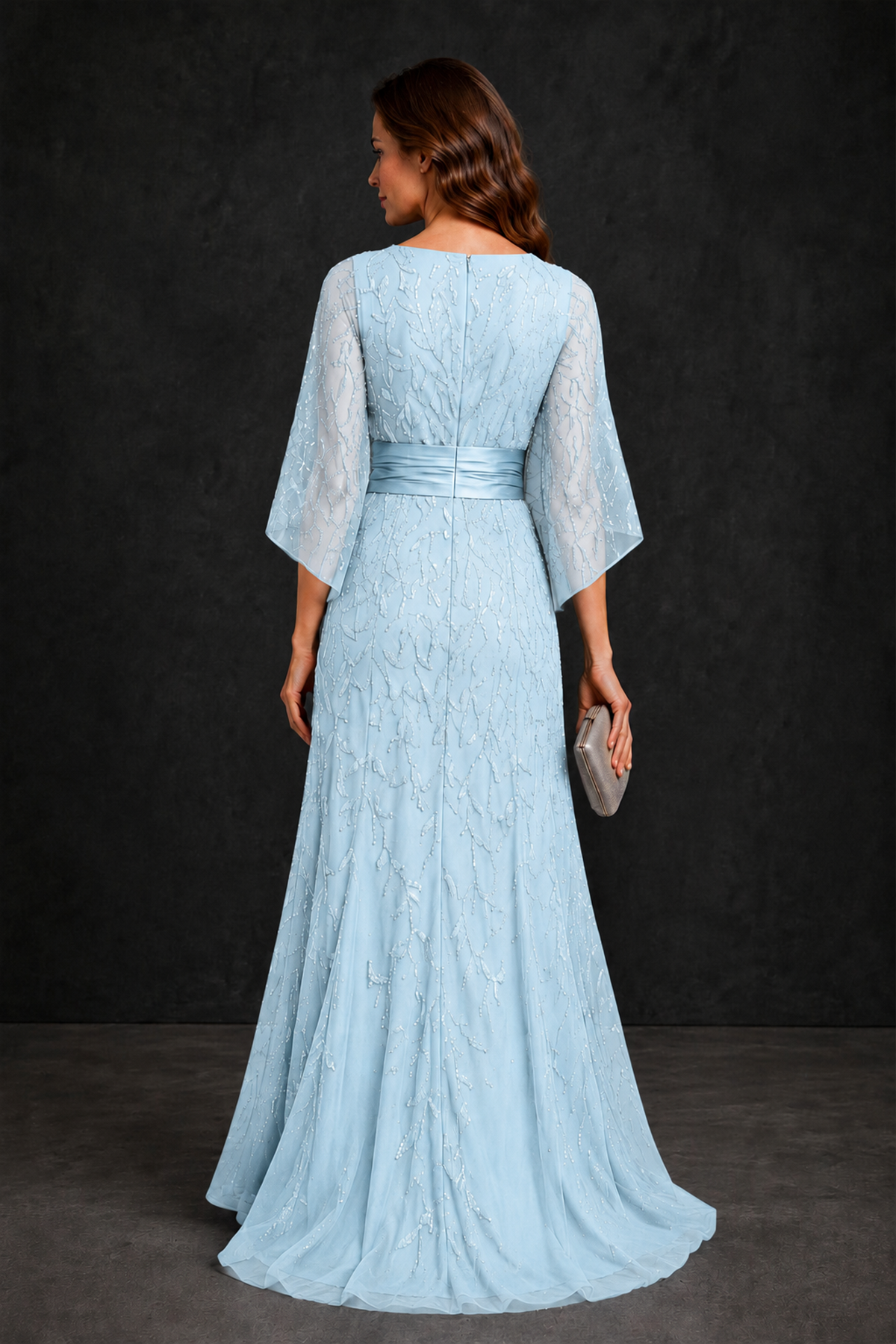 BOLODOO Light Blue Bateau Neck Bell Sleeve Sequin Embroidered Satin Waist A-Line Maxi Dress - Light Blue - Light_Blue_2