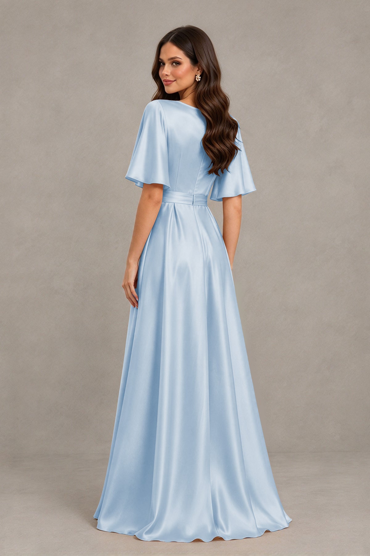 BOLODOO Light Blue Satin V-Neck Flutter Sleeve Bridesmaid Dress with Slit - Light Blue - Light Blue(2)