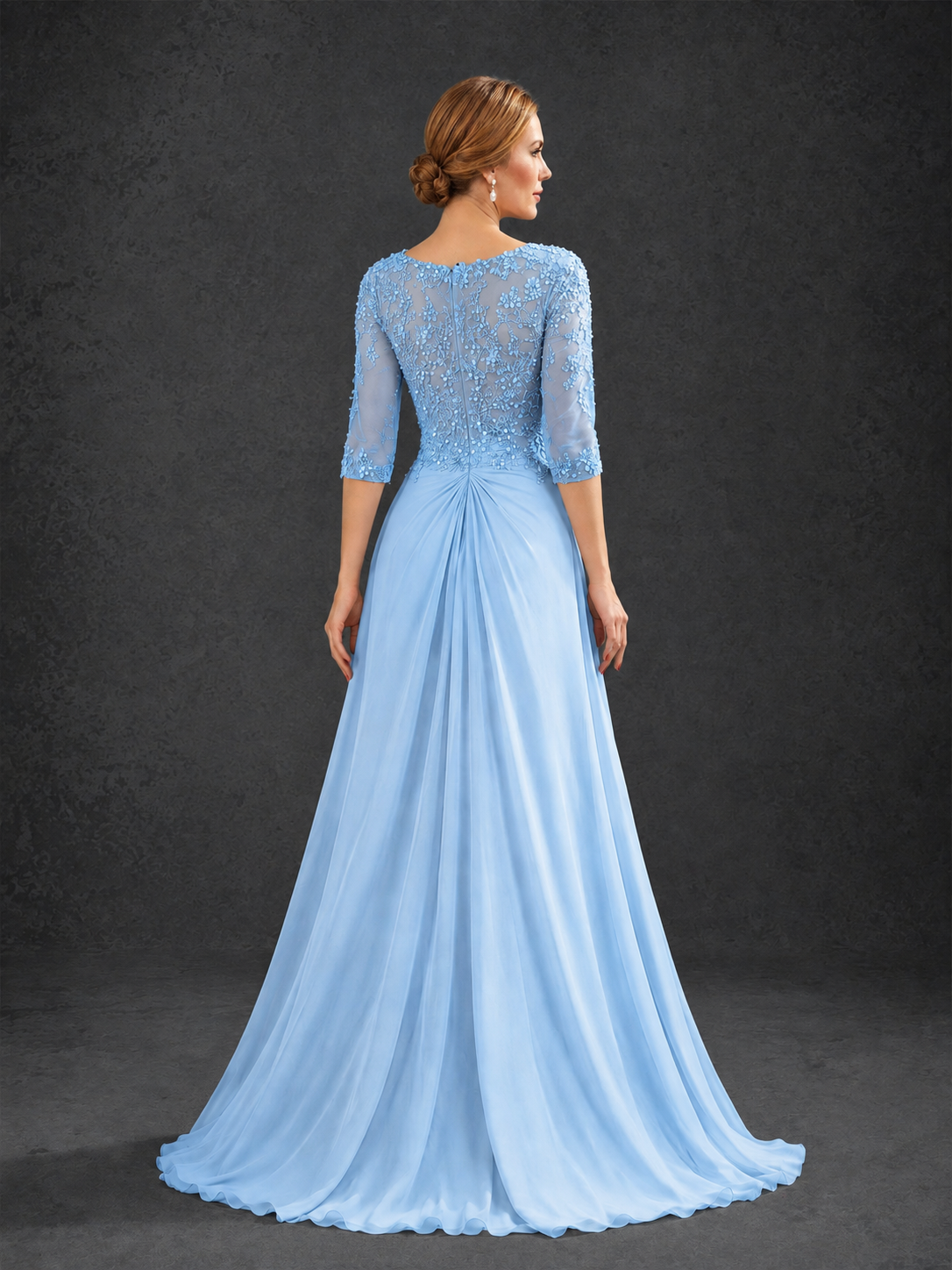 BOLODOO Light Blue Sweetheart Neck 3/4 Sleeve Floral Lace Illusion Bodice Chiffon A-Line Gown - Light Blue