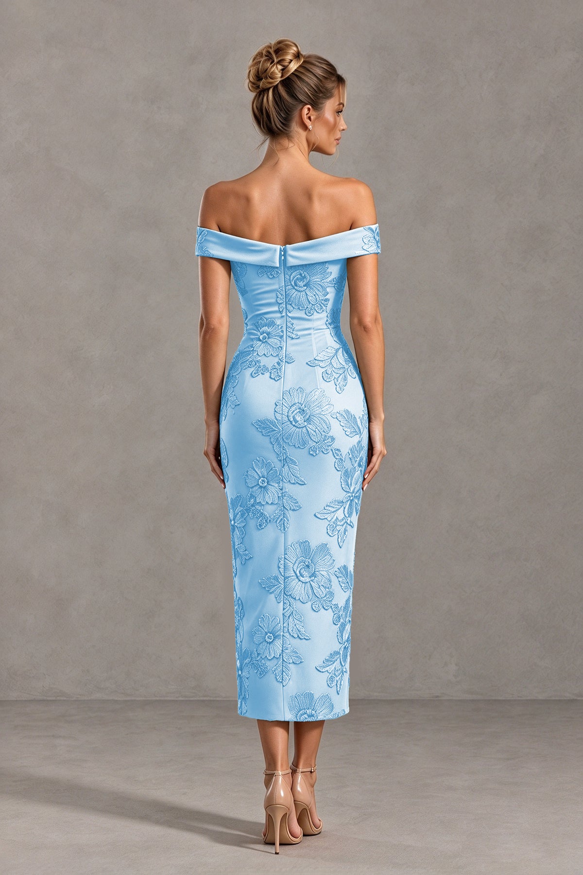 BOLODOO Light Blue Off Shoulder Floral Jacquard Midi Dress - Light Blue - Light Blue(2)