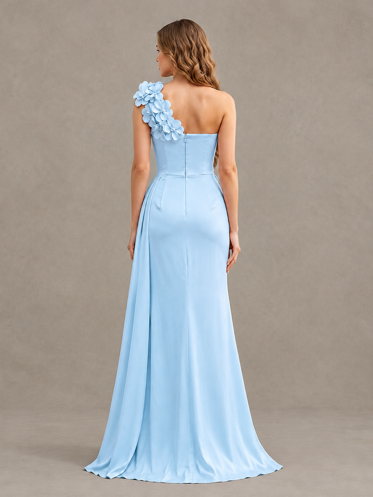 BOLODOO Light Blue One-Shoulder Satin Mermaid Evening Gown with 3D Floral Appliqué - Light Blue - Light Blue_2