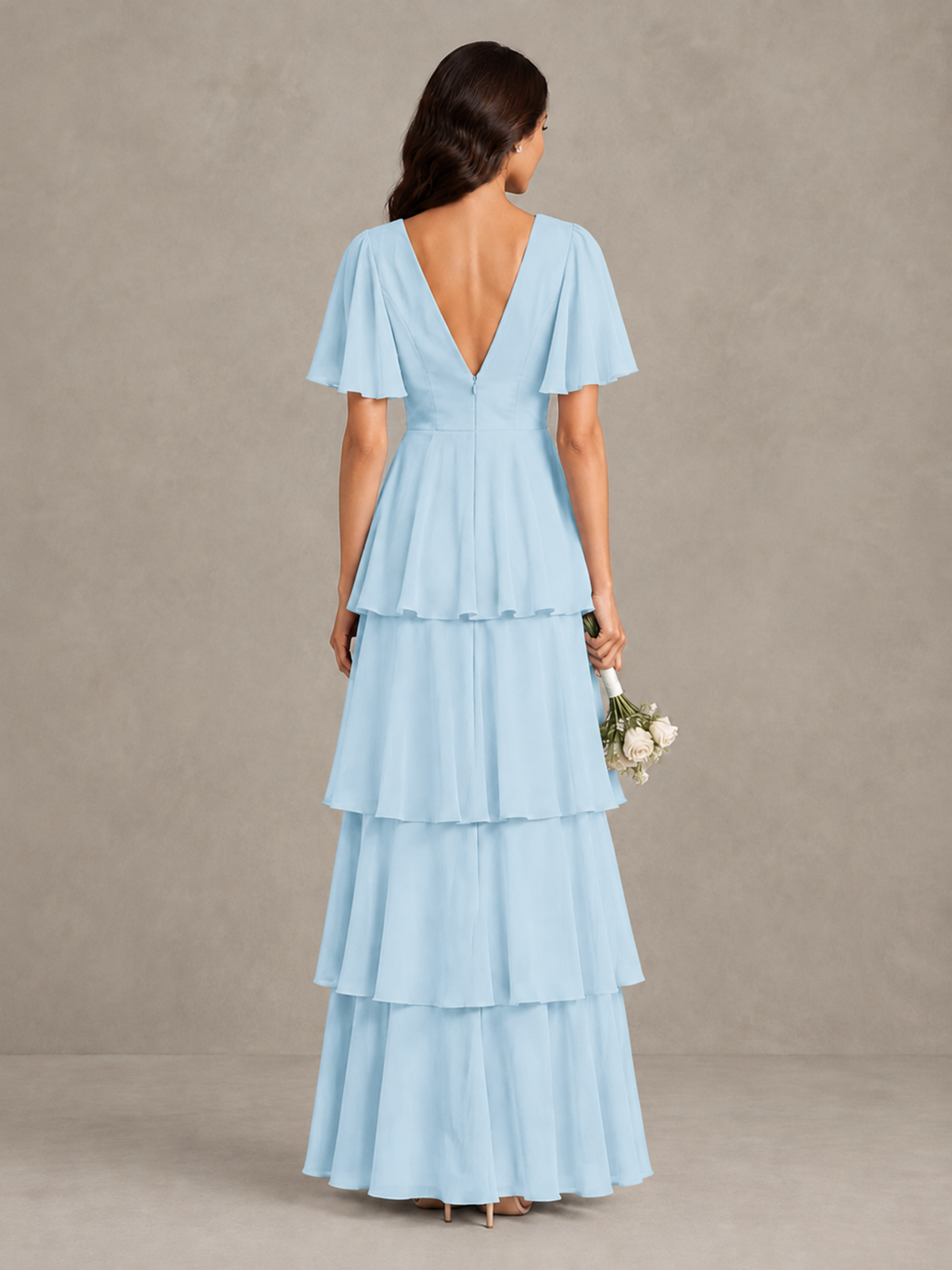 BOLODOO Light Blue Tiered Flutter Sleeve Bridesmaid Dress - Light Blue - Light Blue_2