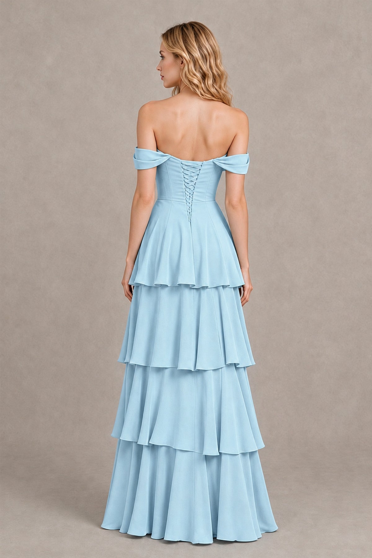 BOLODOO Light Blue Off-the-Shoulder Tiered A-Line Evening Bridesmaid Dress - Light Blue - Light Blue_2