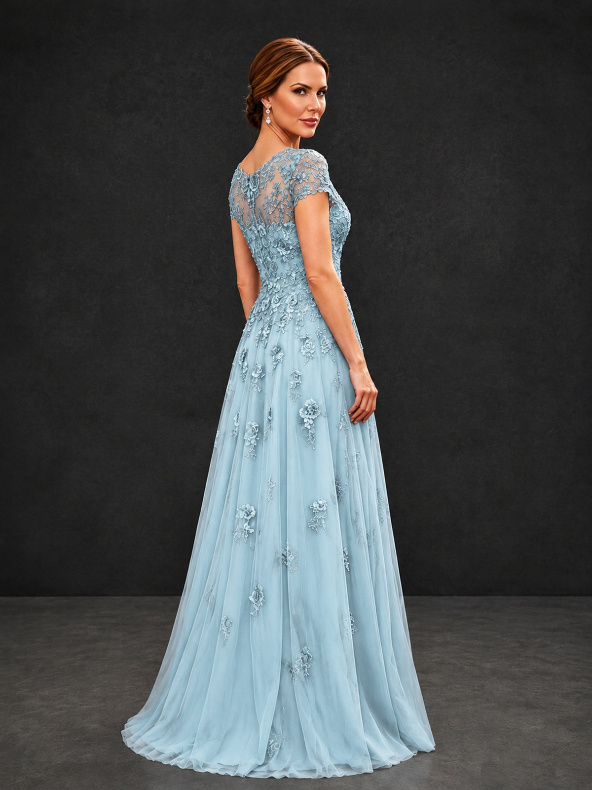 BOLODOO Light Blue Cap Sleeve Lace Appliqué A-Line Formal Gown | Mother of the Bride Dress - Light Blue - Light Blue_2