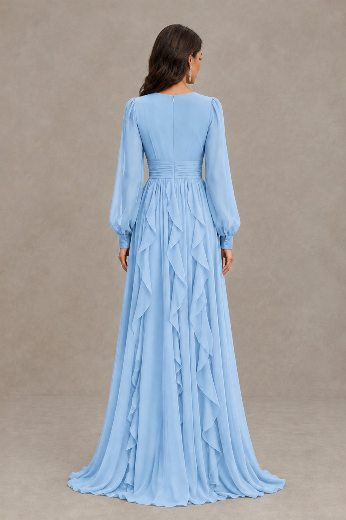 BOLODOO Light Blue Long Sleeve V-Neck Ruffle Maxi Dress - Light Blue