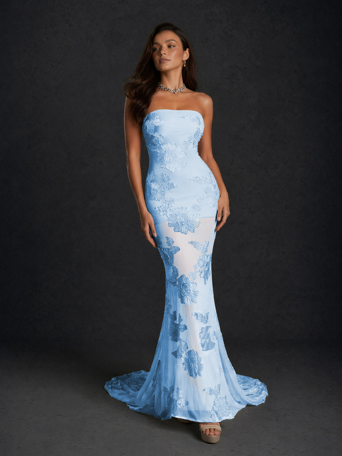 BOLODOO Light Blue Champagne Gold Floral Sequin Embroidered Mesh Strapless Open Back Mermaid Maxi Dress with Train - Light Blue