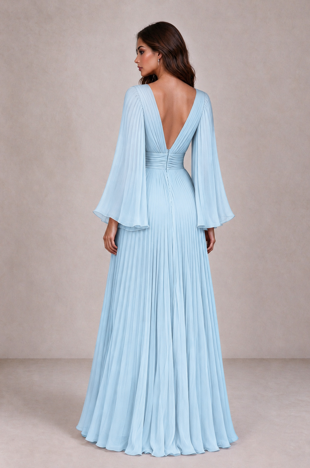 BOLODOO Light Blue Pleated Deep V-Neck Long Bell Sleeve Evening Dress - Light Blue - Light_Blue_2