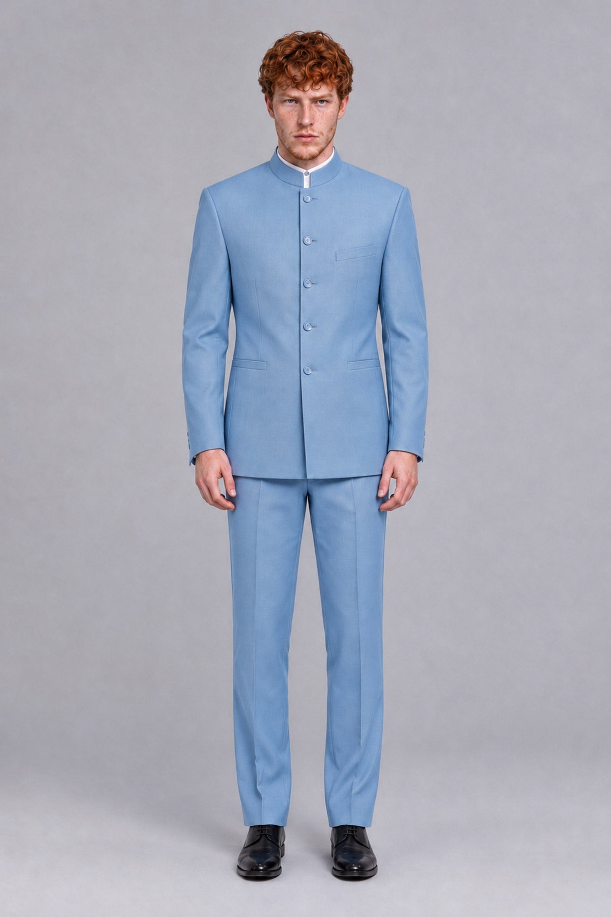 BOLODOO Men's Light Blue Mandarin Collar Two-Piece Suit - Light Blue - Light Blue_2