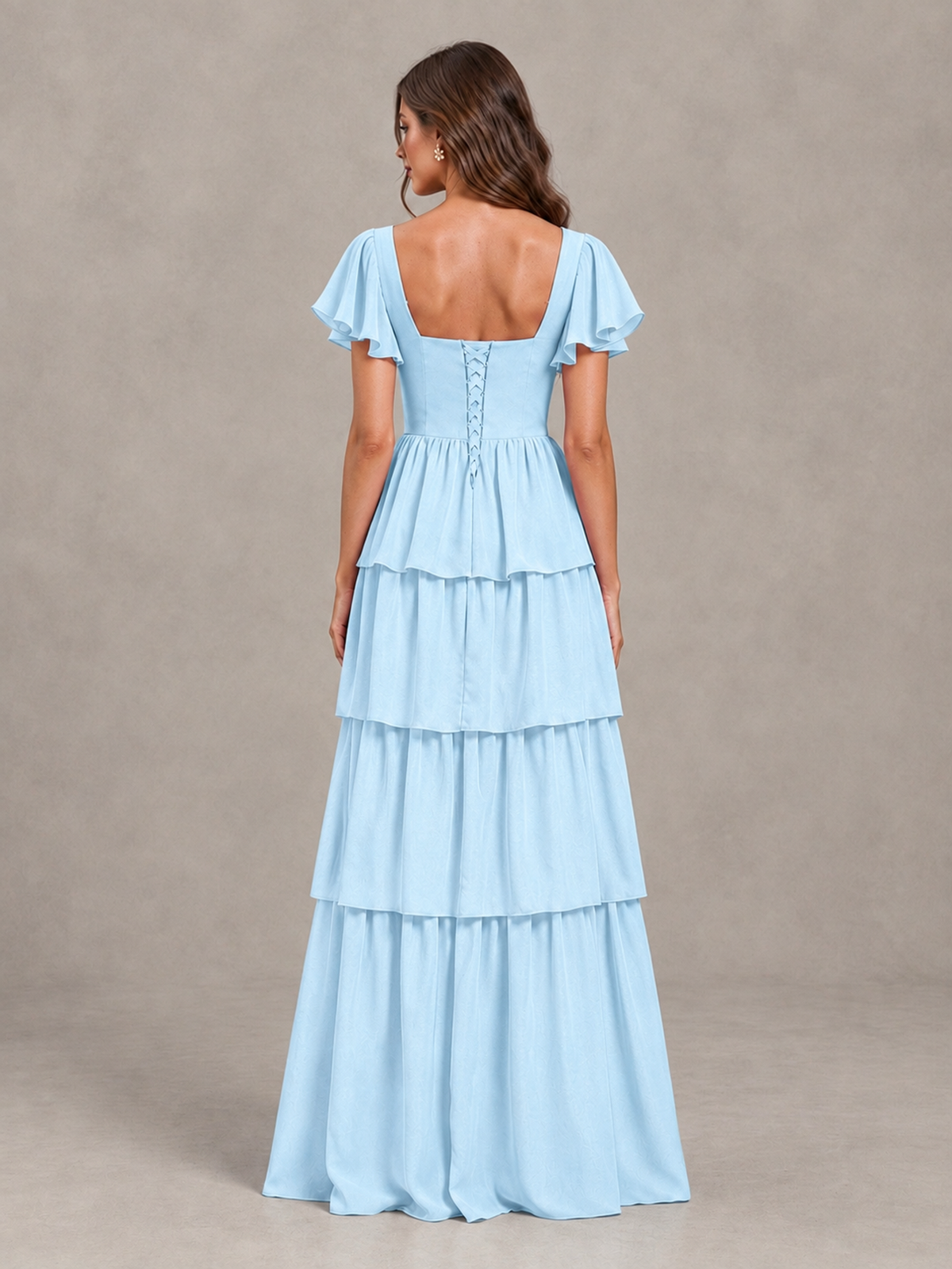 BOLODOO Light Blue Flutter Sleeve Tiered Maxi Bridesmaid Dress - Light Blue - Light Blue_2