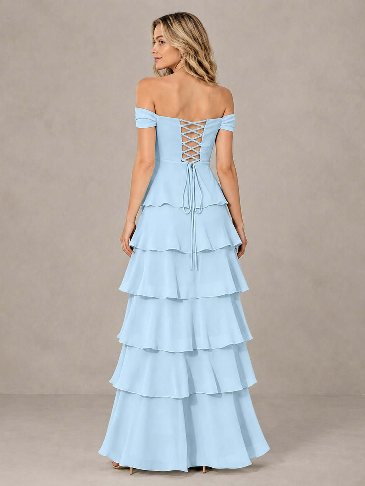 BOLODOO Light Blue Off-Shoulder Tiered Ruffle Bridesmaid Dress with Lace-Up Back - Light Blue - Light Blue_2
