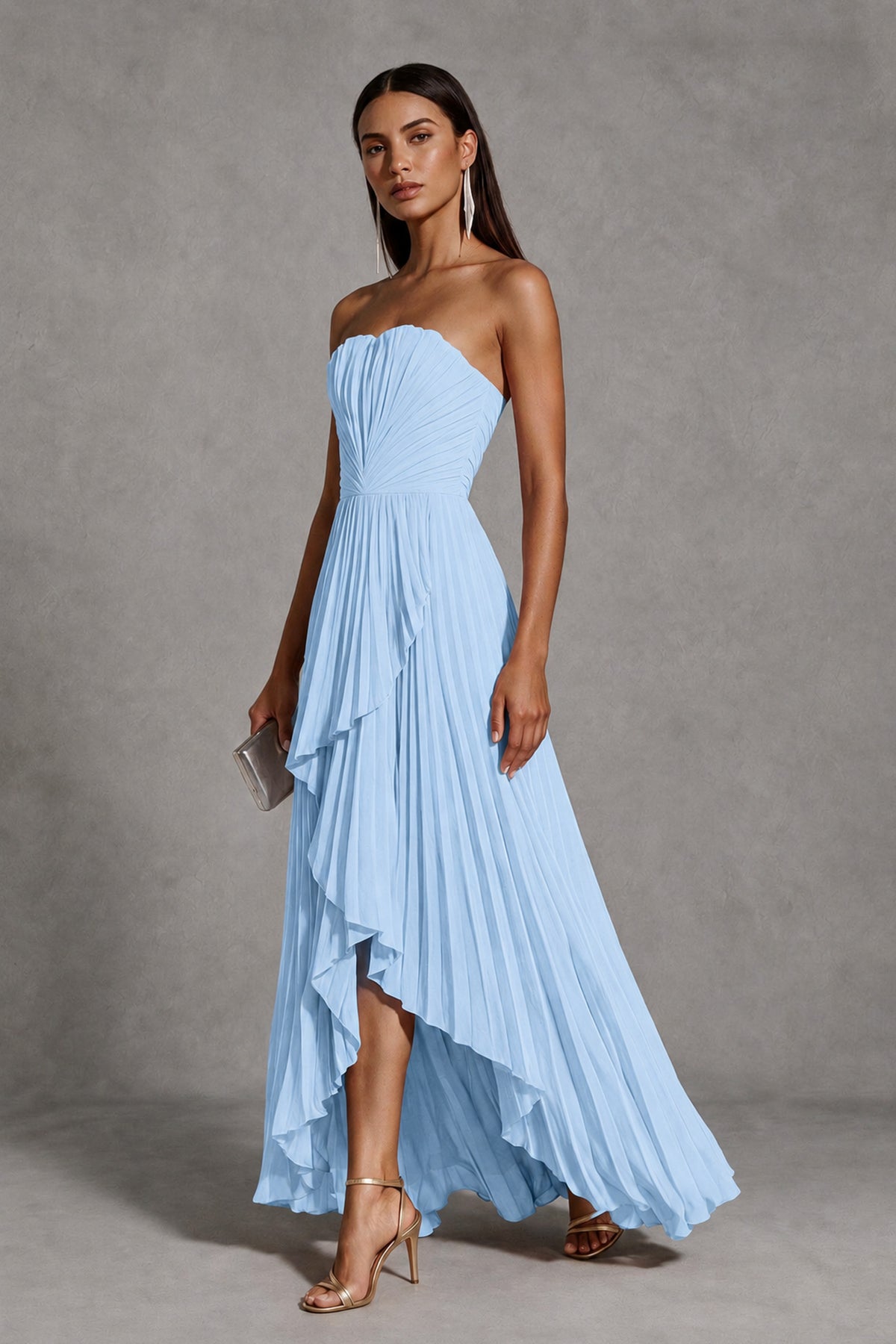 Light Blue Strapless Pleated High-Low Evening Gown with Ruffle Hem - Light Blue