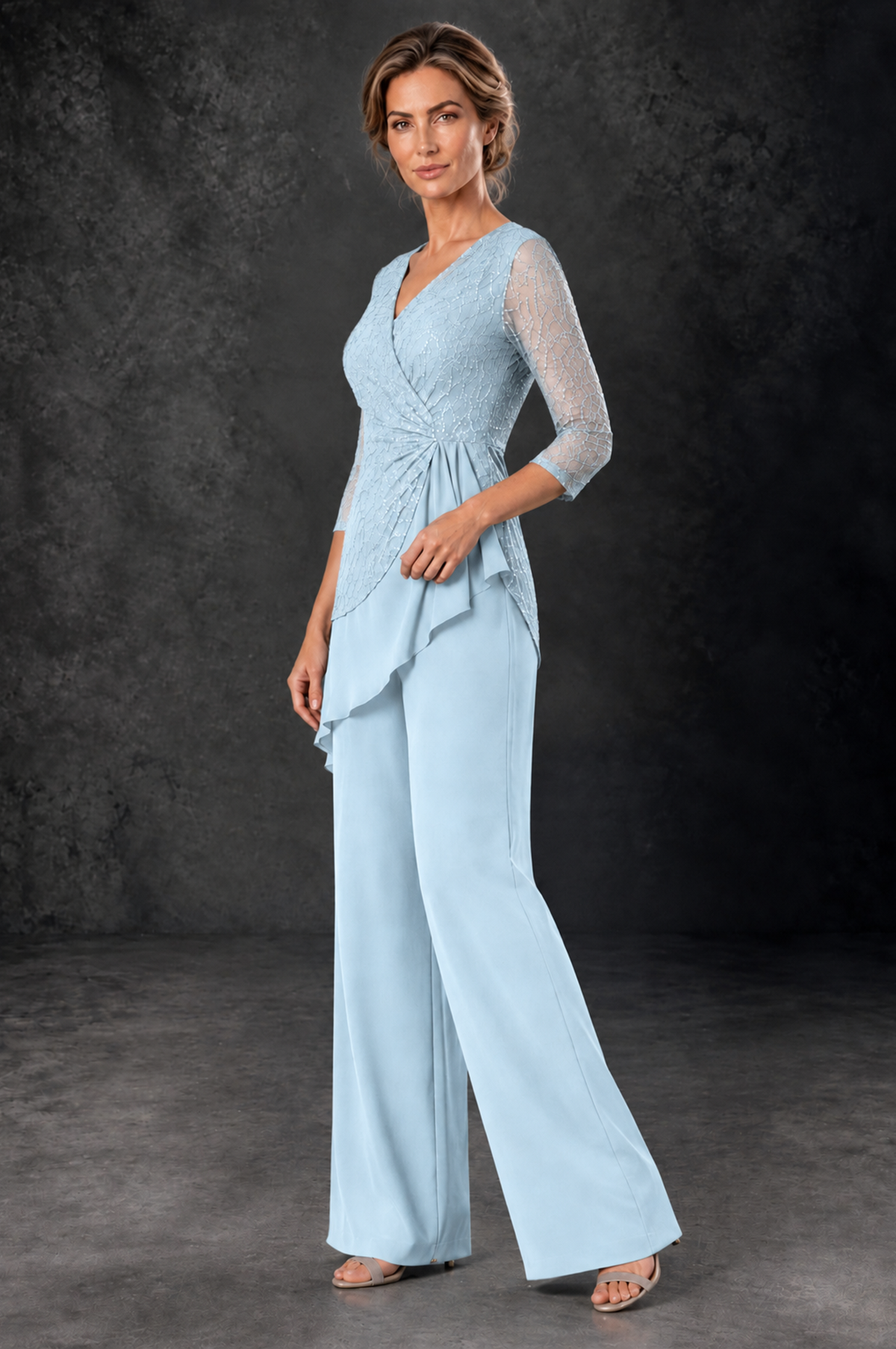 BOLODOO Light Blue Sequin Lace 3/4 Sleeve Chiffon Mother of the Bride Pant Suit - Light Blue - Light_Blue_2