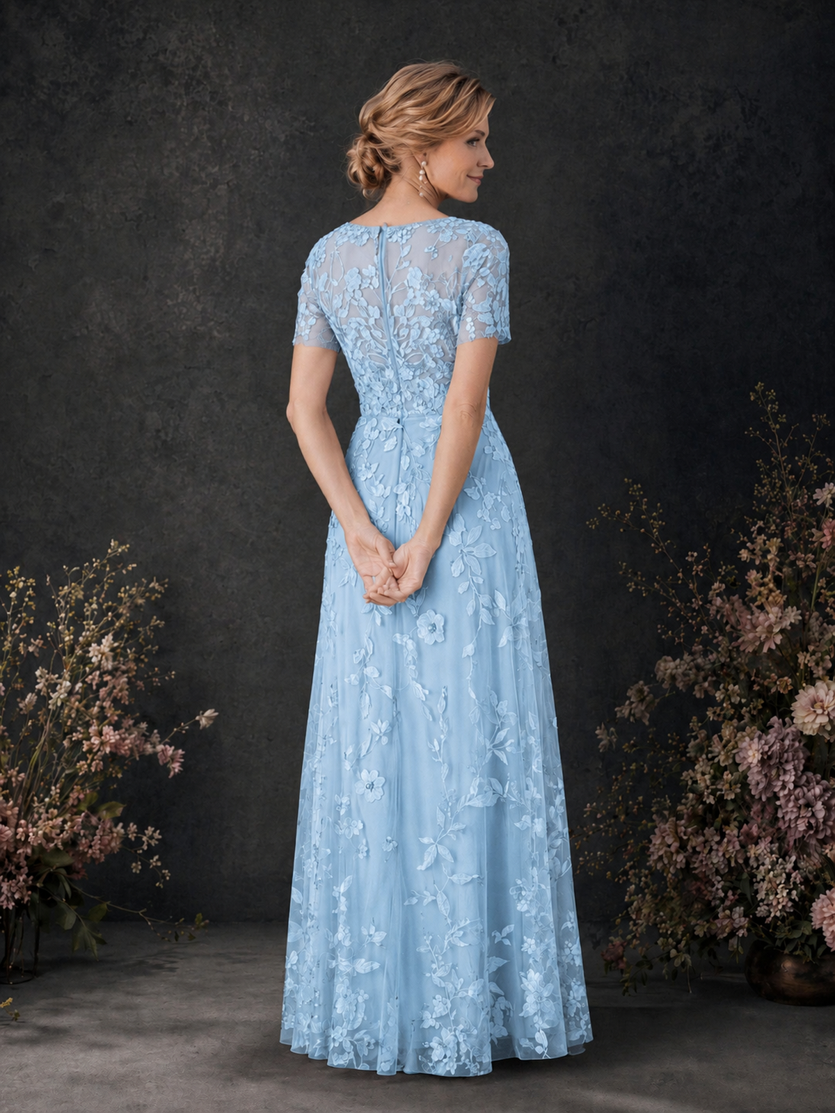 BOLODOO Light Blue 3D Floral Embroidered Lace V-Neck Short Sleeve A-Line Maxi Dress - Light Blue