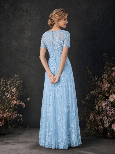 BOLODOO Light Blue 3D Floral Embroidered Lace V-Neck Short Sleeve A-Line Maxi Dress - Light Blue