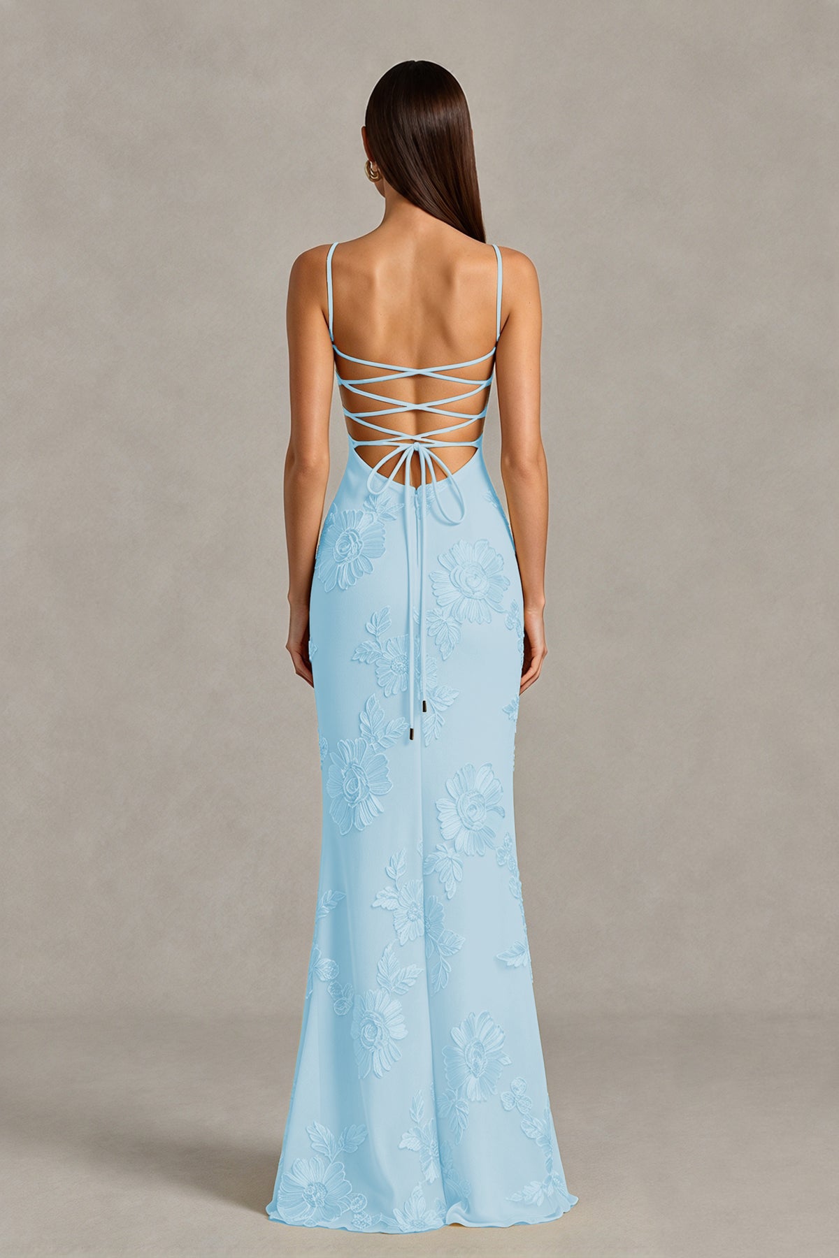 BOLODOO Light Blue Floral Lace-Up Back Mermaid Maxi Dress - Light Blue
