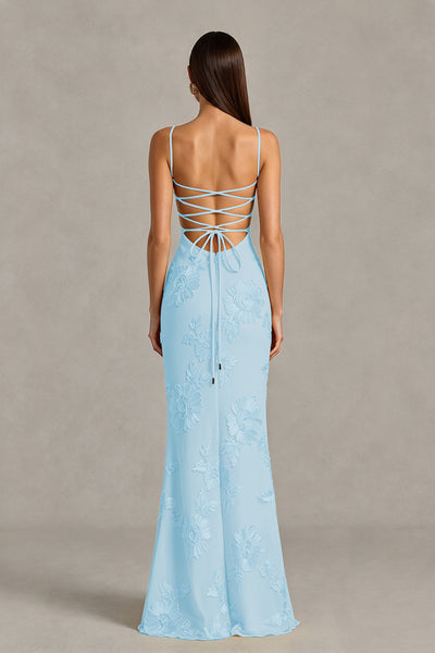 BOLODOO Light Blue Floral Lace-Up Back Mermaid Maxi Dress - Light Blue