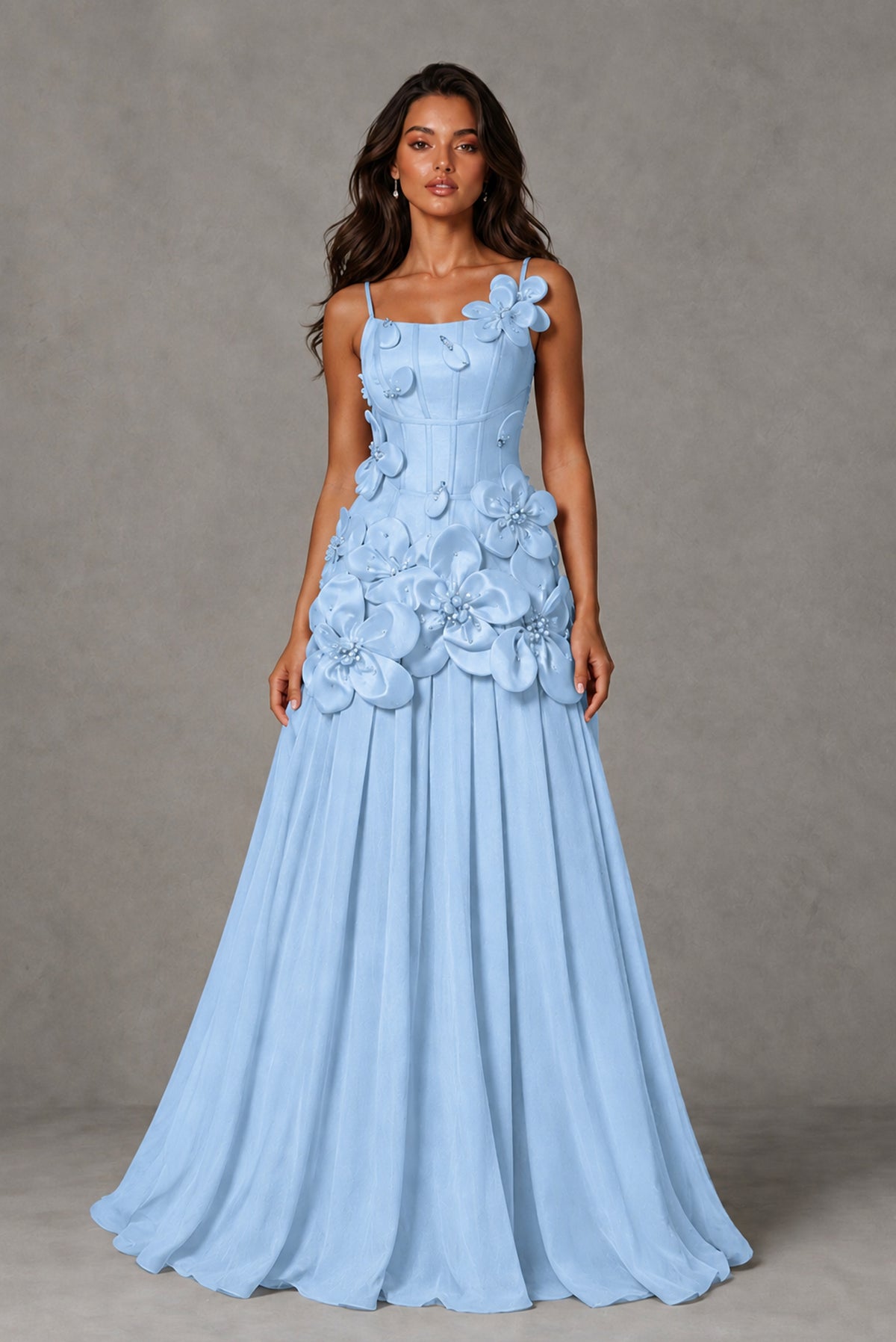 BOLODOO Light Blue 3D Floral Appliqué Floor-Length A-Line Evening Gown - Light Blue