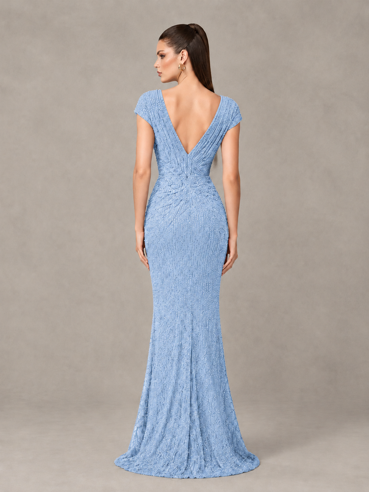 BOLODOO Light Blue Glitter V-Neck Cap Sleeve Ruched Mermaid Evening Gown - Light Blue - Light Blue_2
