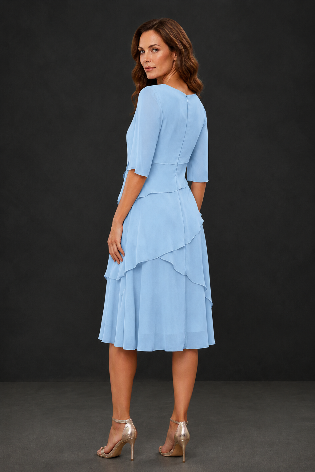 BOLODOO Light Blue Chiffon 3/4 Sleeve Asymmetric Tiered Tea Length Dress | Mother of the Bride Midi Dress - Light Blue
