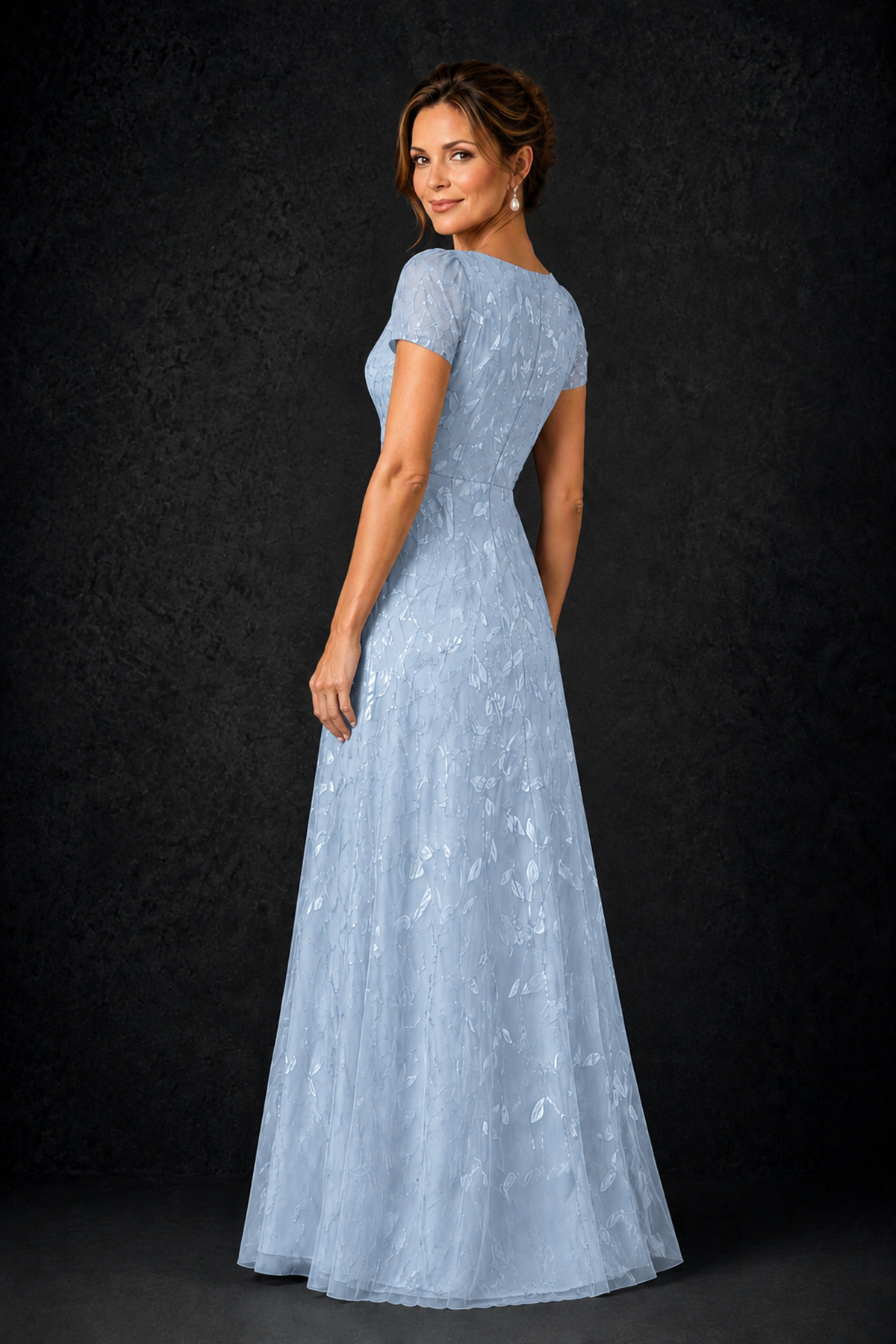 BOLODOO Light Blue Leaf Embroidered A-Line Formal Gown with Cap Sleeves - Light Blue - Light_Blue_2