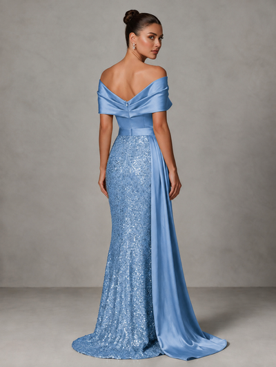 BOLODOO Light Blue Sequin Mermaid Evening Dress with Off-Shoulder Satin Drape and Sweep Train - Light Blue - Light Blue_2