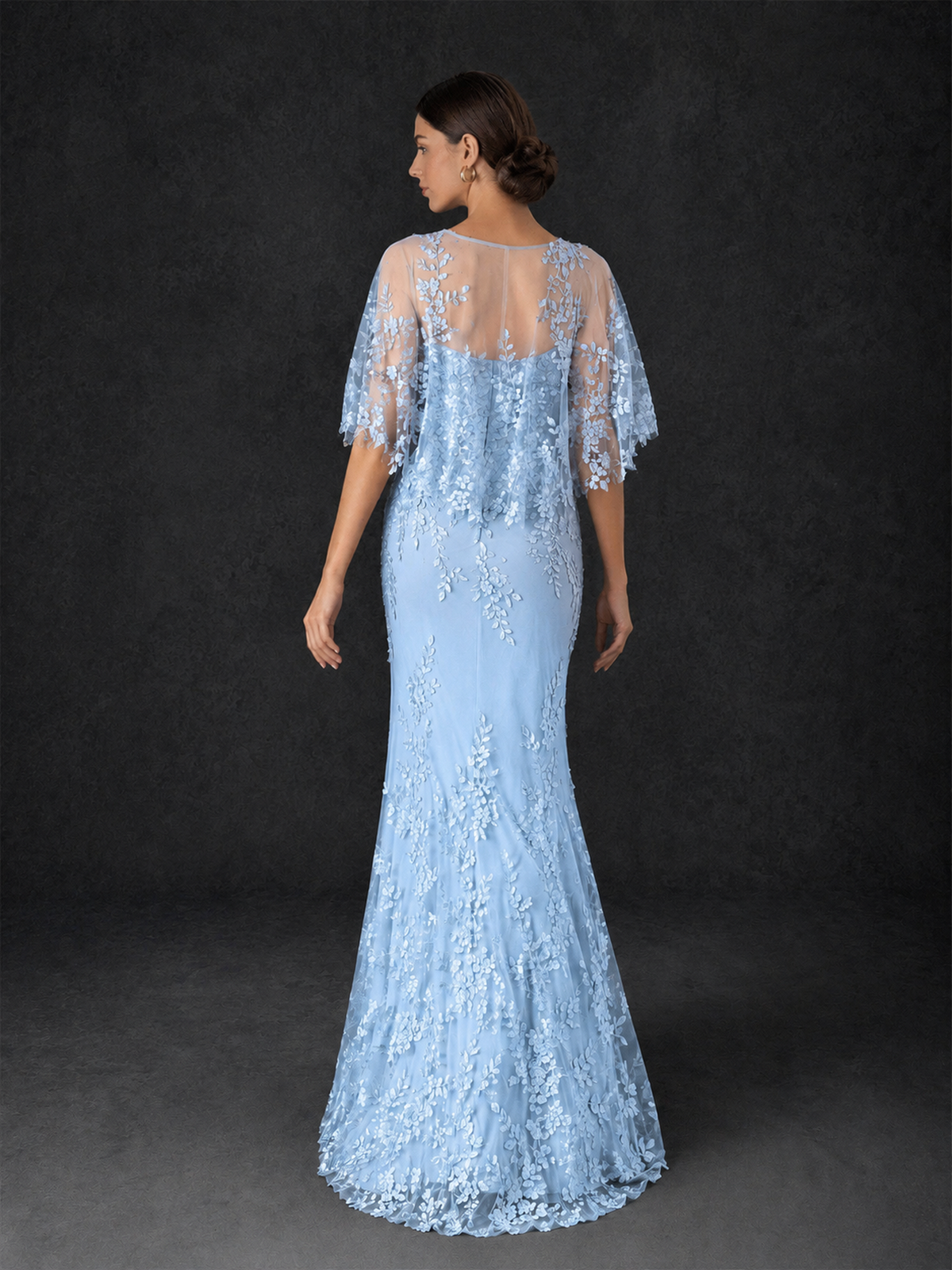 BOLODOO Mocha Light Blue Botanical Lace Flutter Sleeve Mermaid Gown - Light Blue