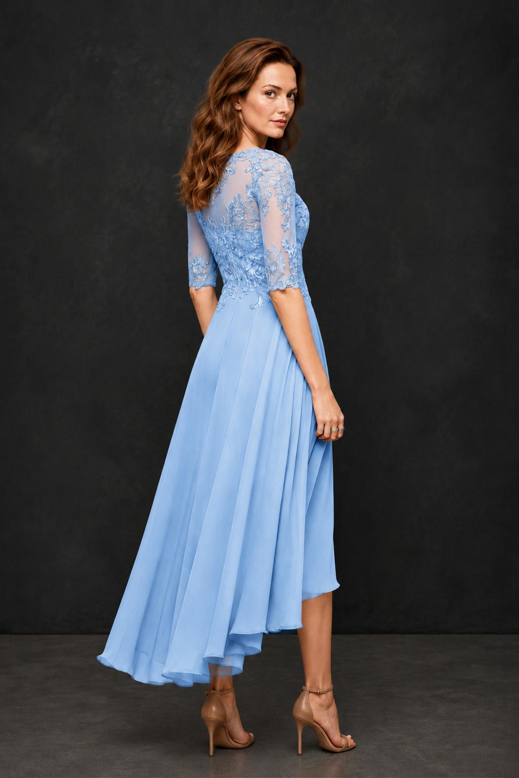 BOLODOO Light Blue Illusion Lace 3/4 Sleeve Hi-Lo Chiffon A-Line Dress | Mother of the Bride Tea Length Dress - Light Blue