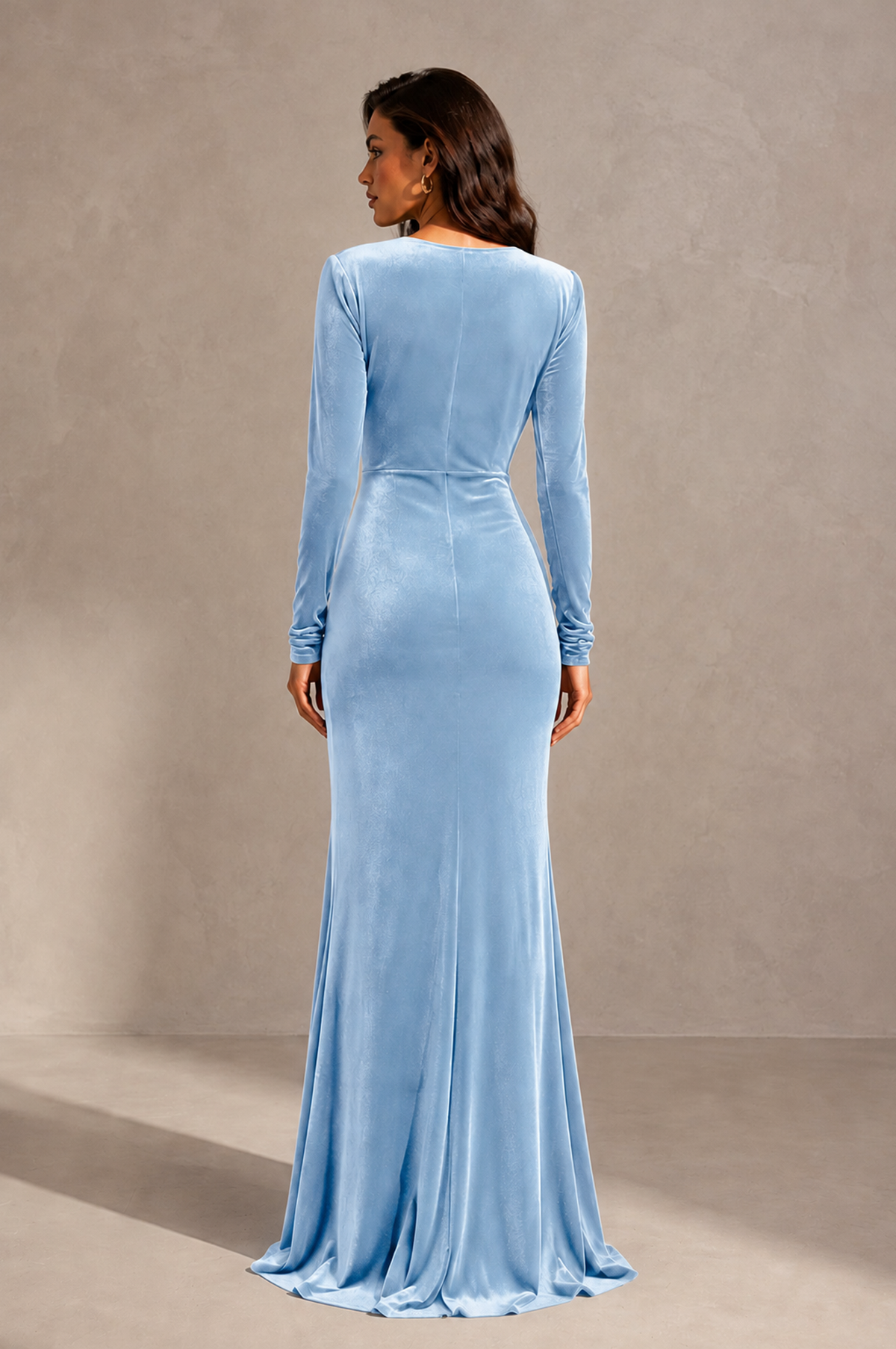 BOLODOO Light Blue Velvet Long Sleeve V-Neck Ruched Evening Gown - Light Blue