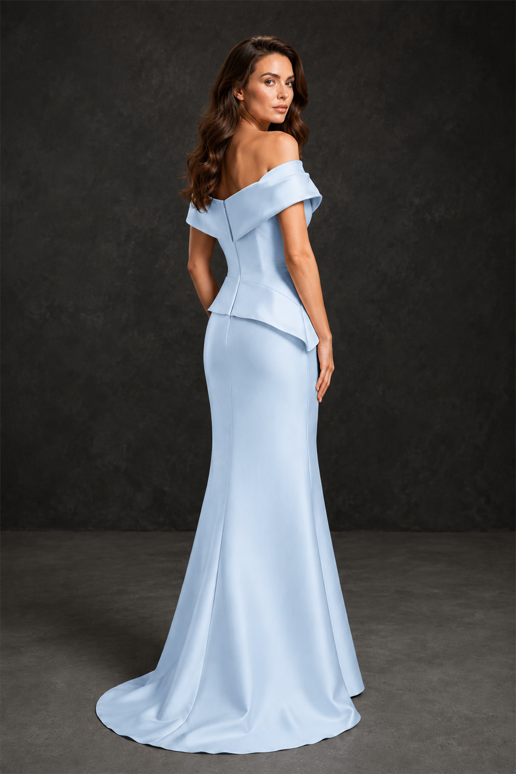 BOLODOO Light Blue Satin Off-Shoulder Sweetheart Asymmetric Peplum Mermaid Gown with Light Blue Floral Embroidery | MOB Evening Dress - Light Blue