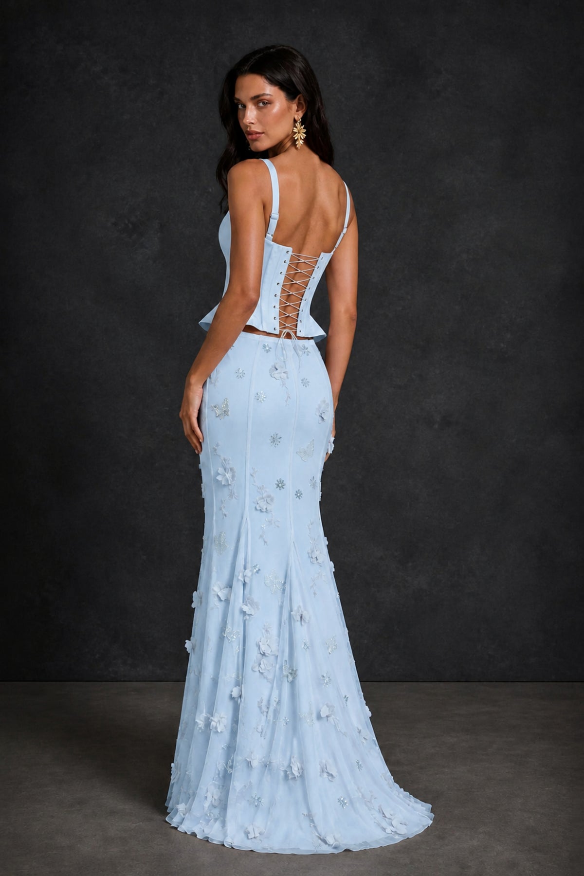 BOLODOO Light Blue Peplum Corset Top & 3D Floral Mermaid Skirt Two-Piece Set – Lace-Up Back Formal Gown - Light Blue