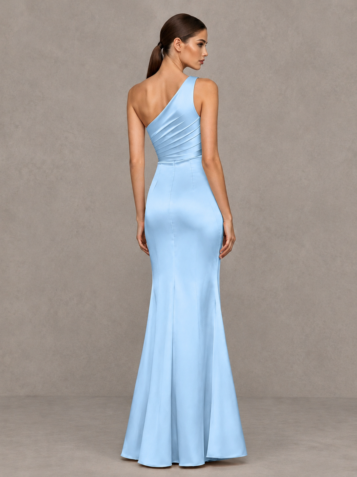 BOLODOO Light Blue One-Shoulder Ruched Satin-Look Evening Gown with High Slit - Light Blue - Light Blue_2