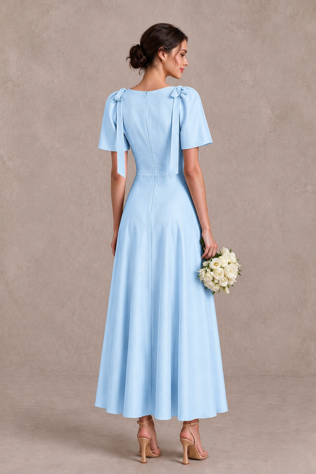 BOLODOO Light Blue V-Neck Short Sleeve Satin-Look Bridesmaid Dress with Shoulder Bows - Light Blue - Light Blue_2