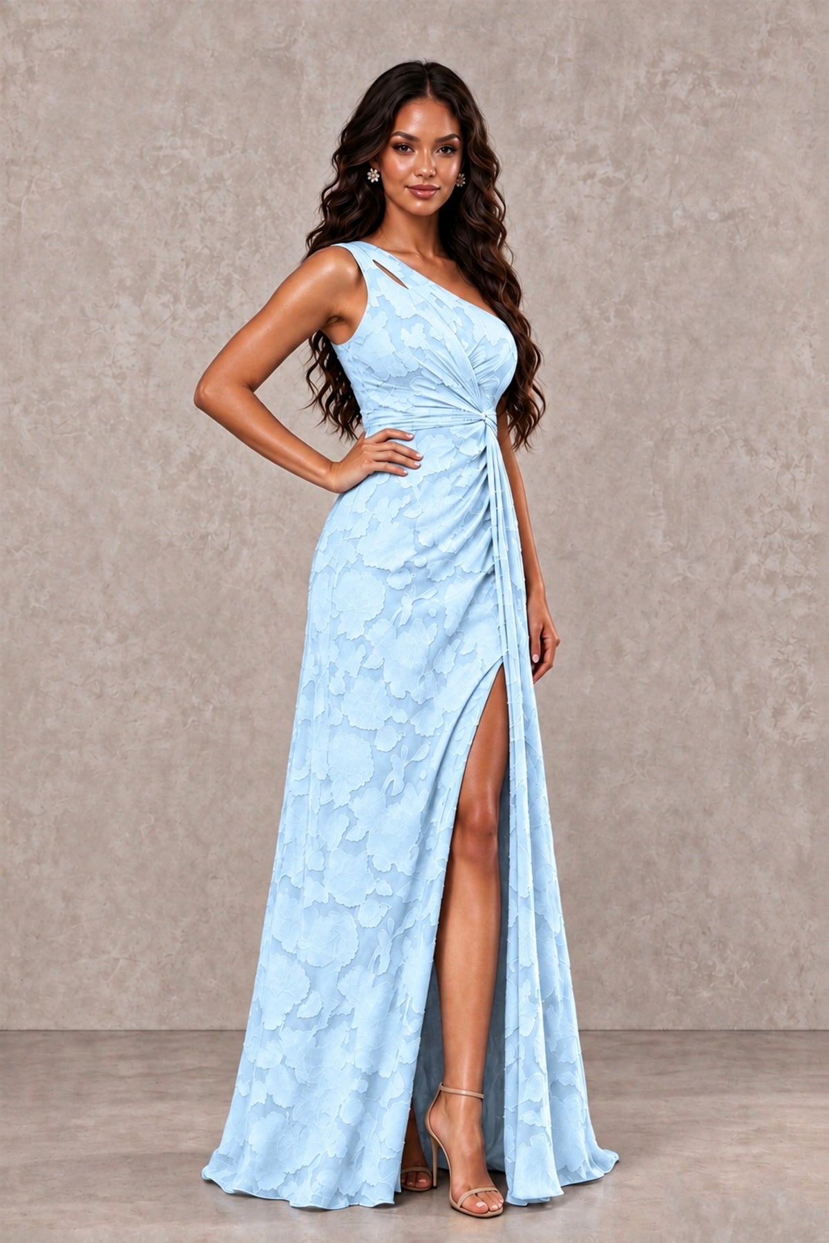 BOLODOO Light Blue One-Shoulder Floral Textured Maxi Dress with High Slit - Light Blue - Light Blue_3